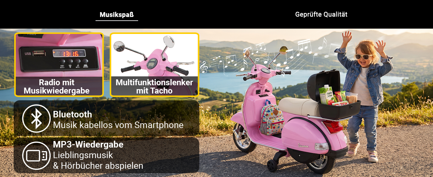 Kinder Elektro-Vespa – Musikspaß mit Bluetooth & MP3 Rosa Kinder Elektro-Vespa mit Bluetooth, MP3-Player, Radio und Multifunktionslenker. Fröhliches Mädchen tanzt neben dem Roller mit geöffnetem Top-Case.